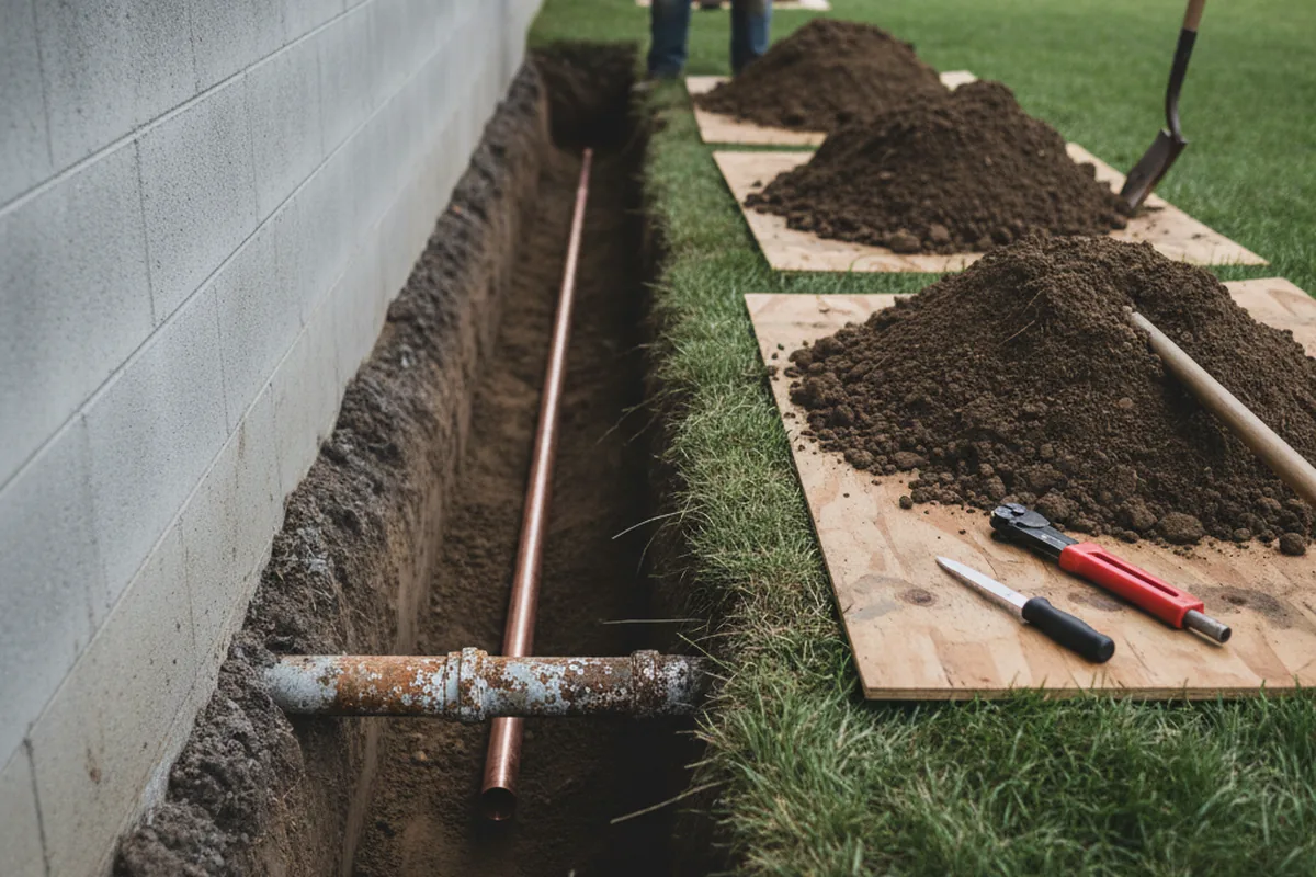 Excavated water line trench during Water Heater Repair in Rutherford